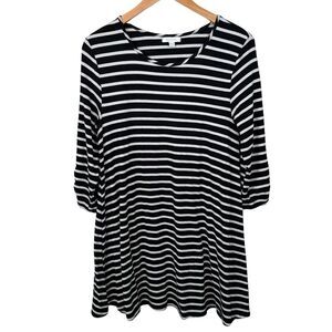 Garnet Hill T Shirt Dress Size Medium Black White‎ Striped 3/4 Sleeve Ruching